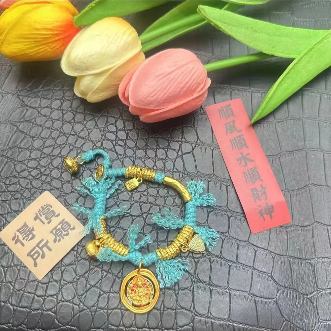 铜合金手链 手工编织款珐琅黄财神手链 时尚纯手工编绳五彩手编