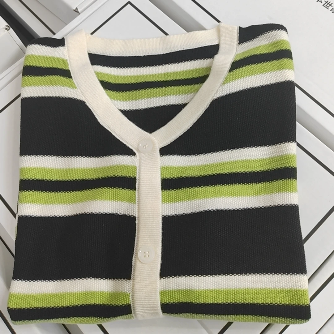 1064【条纹小香风假开衫-绿色】2024秋季时尚百搭撞色条纹长袖