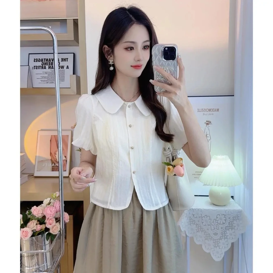 娃娃领短袖雪纺衬衫女装夏季2024新款洋气减龄小个子别致漂亮上衣