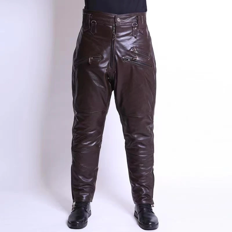 真皮皮裤男头层牛皮中老年摩托车皮棉裤冬季保暖高腰宽松加厚马裤