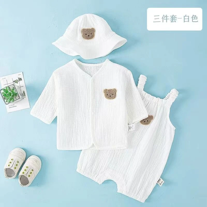 【宝宝连体衣三件套】纯棉纱布背带裤夏季薄款套装科学实验