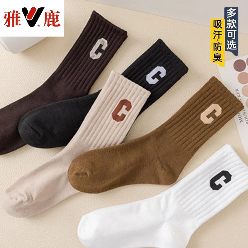 V/雅鹿袜子女中筒袜秋冬款潮外穿鲨鱼裤袜c字母个性百搭长筒袜