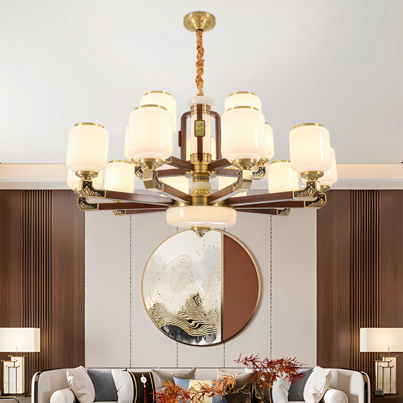 新中式高端铜加木客厅吊灯新中式复式楼大吊灯餐厅灯