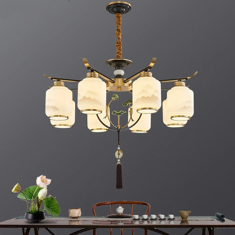 新中式吊灯客厅灯荷花山水灯罩中国风禅意餐厅卧室别墅装饰灯具