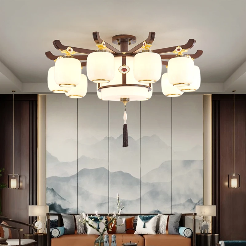 新中式客厅吊灯别墅复式楼全铜实木餐厅灯中国风高端大气大厅灯具