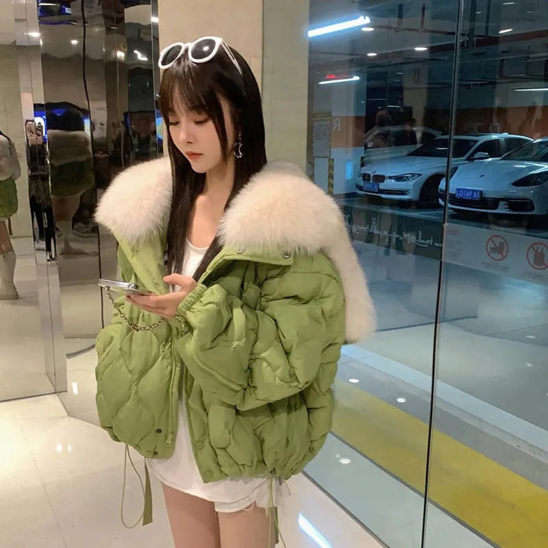 羽绒服大翻领连帽仿狐狸毛女2023冬季新款韩版宽松小个子上