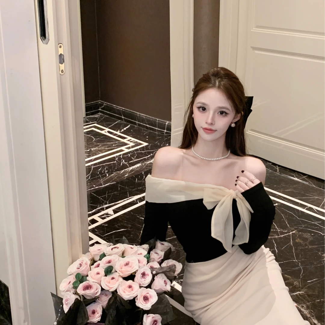 性感一字肩针织衫女高级感港味轻熟风洋气辣妹心机蝴蝶结t恤上衣