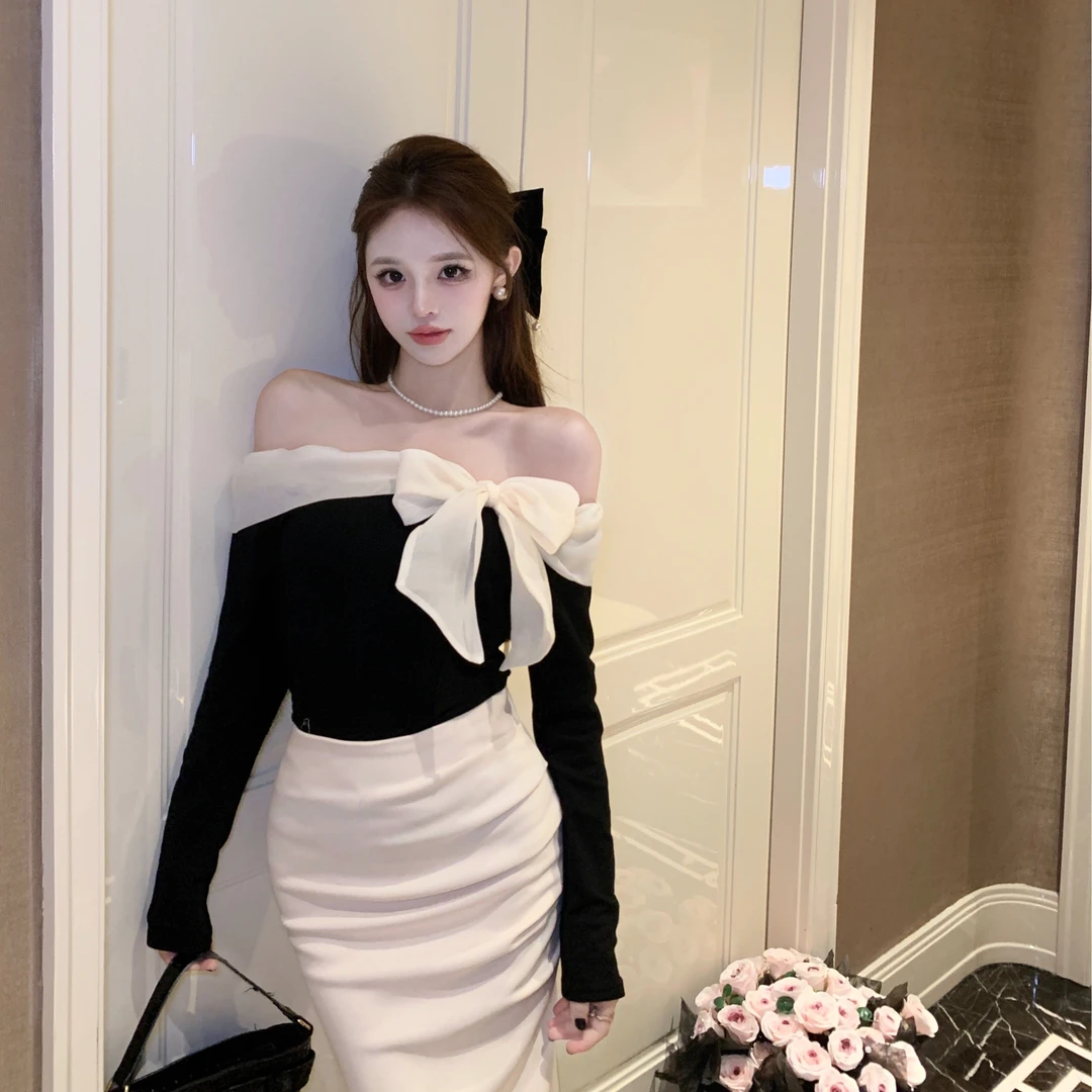 法式纯欲气质一字领露肩蝴蝶结针织衫初秋辣妹修身独特长袖上衣女