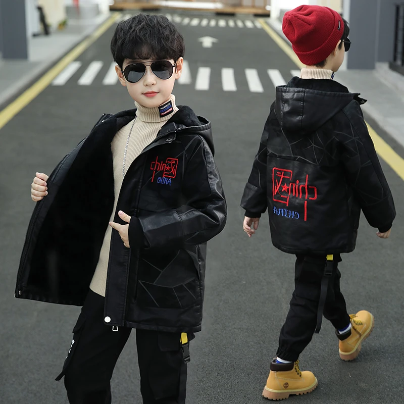 歪歪公主冬装新款韩版加绒加厚中长款男童皮夹克PU儿童皮衣外套潮