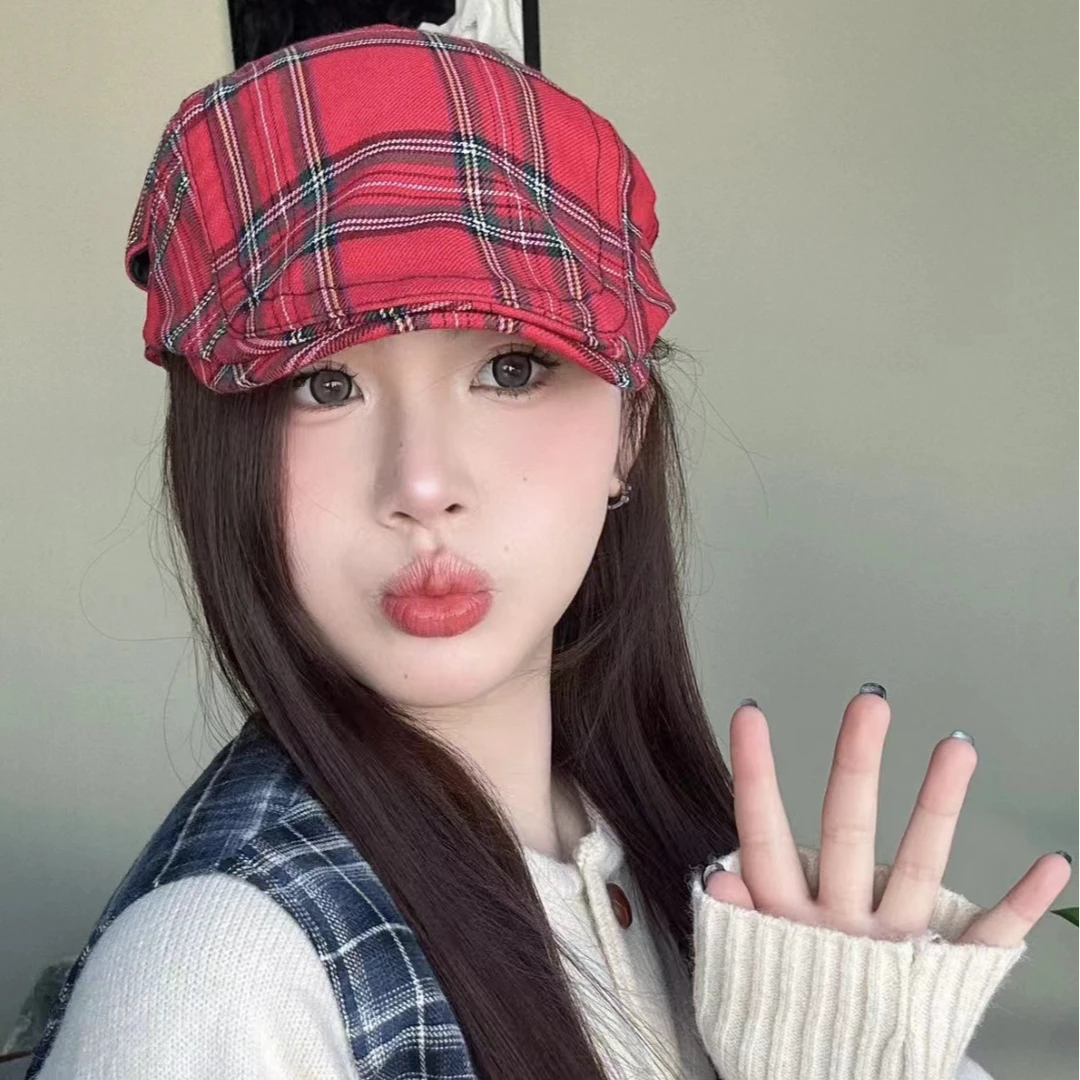 英伦复古格子前进帽时尚百搭鸭嘴贝雷帽休闲逛街画家帽子潮甜酷
