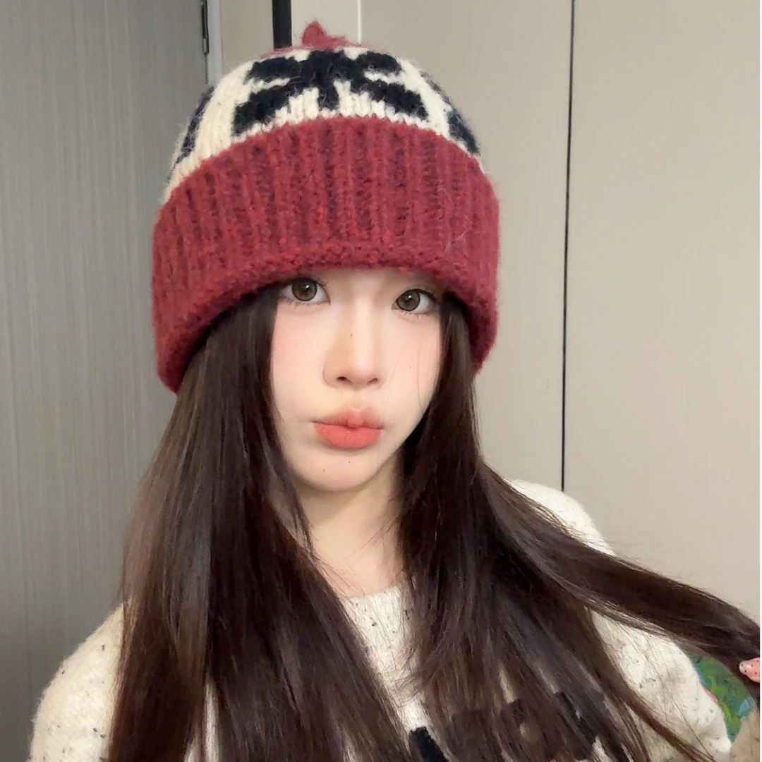 费尔岛风提花拼色针织帽秋冬休闲百搭毛线包头帽时尚冷帽大头围