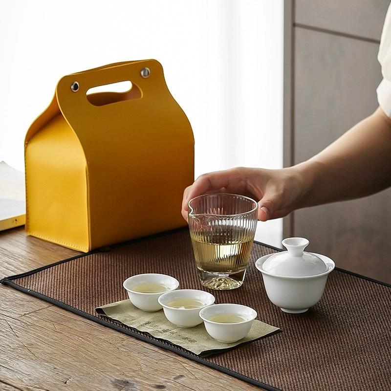 便携式车载陶瓷功夫茶具户外旅行白瓷泡茶具简约盖碗茶碗携带小套