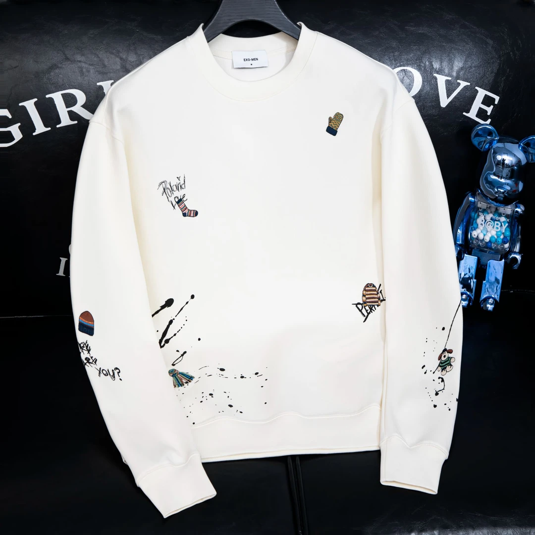 欧洲站秋冬季新款百搭个性刺绣圆领卫衣男士宽松趣味长袖时尚帅气