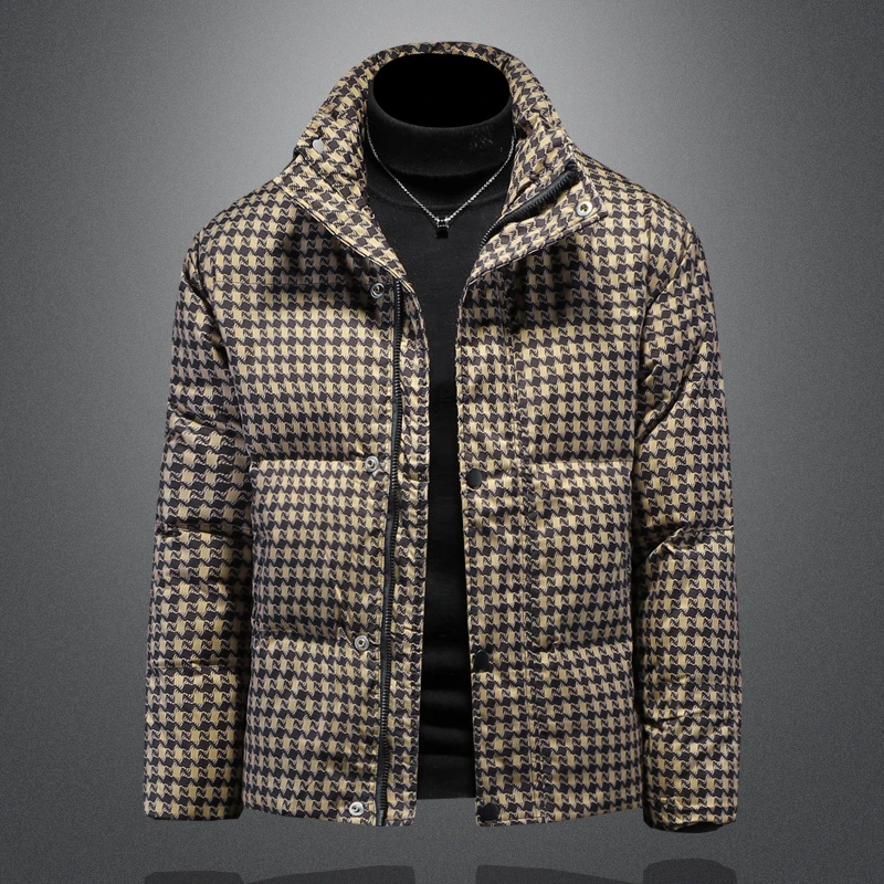 冬季新款潮牌立领千鸟格羽绒服男士潮流保暖休闲加厚时尚青年外套
