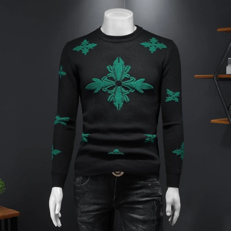 欧货秋冬新款高品质男士修身个性时尚印花圆领毛衣加厚针织衫上衣