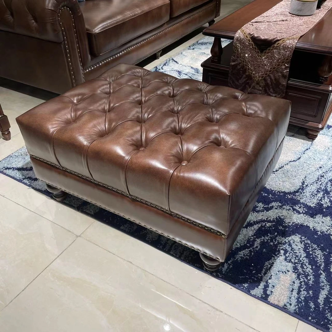 【品牌家具】西蒙S608美式风格脚踏复古脚凳头层牛皮沙发脚踏