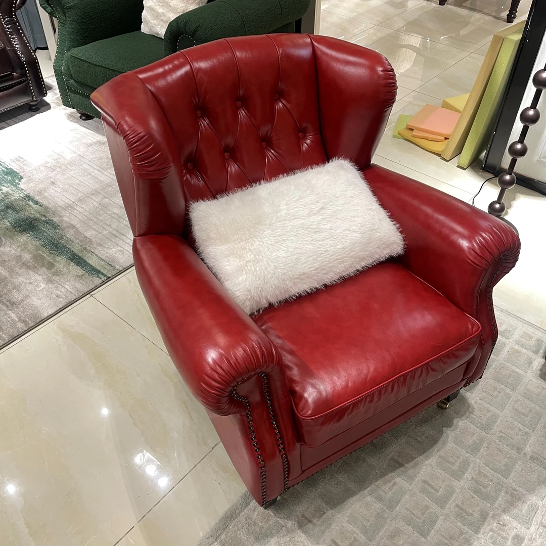 【品牌代工】西蒙雪茄椅美式风格老虎椅头层牛皮美式沙发休闲沙发