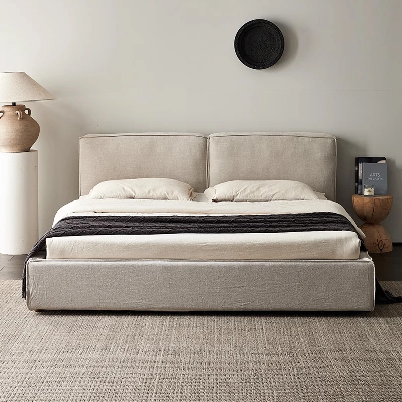 日式侘寂风可全拆洗亚麻布艺床豆腐块软床奶油风主卧双人床1.8米