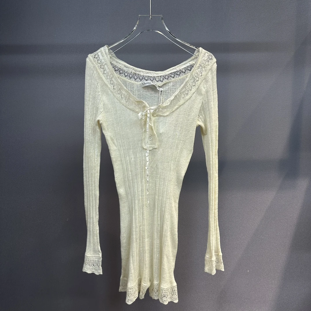 全新未使用 DIOR/迪奥 连体白色针织物衫 蕾丝修身镂空打底115055