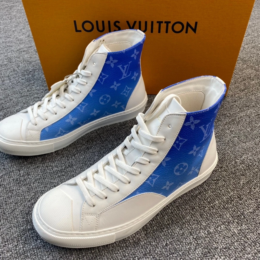 全新未使用 LouisVuitton/路易威登 蓝色老花拼色高帮板鞋 114760