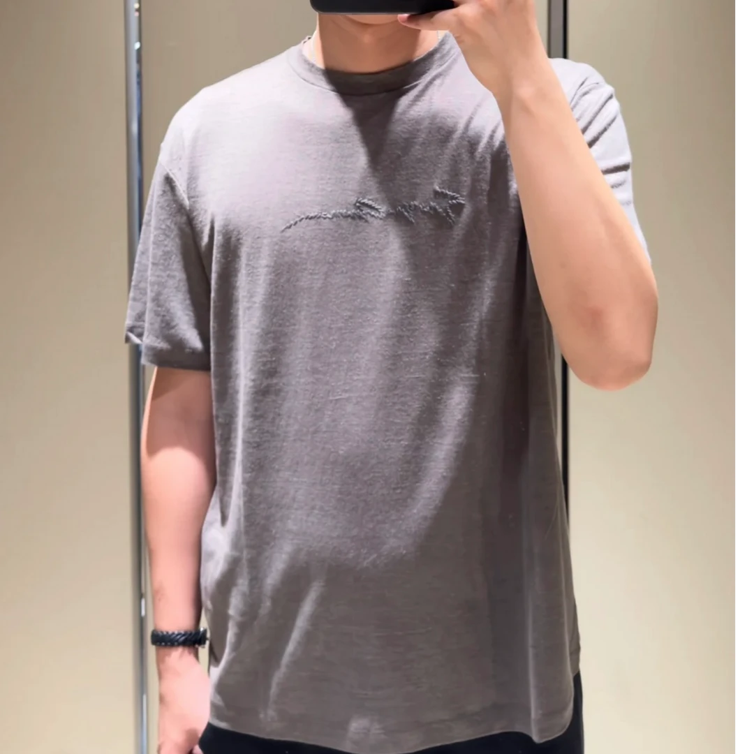 全新未使用 GIORGIO ARMANI/阿玛尼 男士暮霾蓝花体logoT恤114908