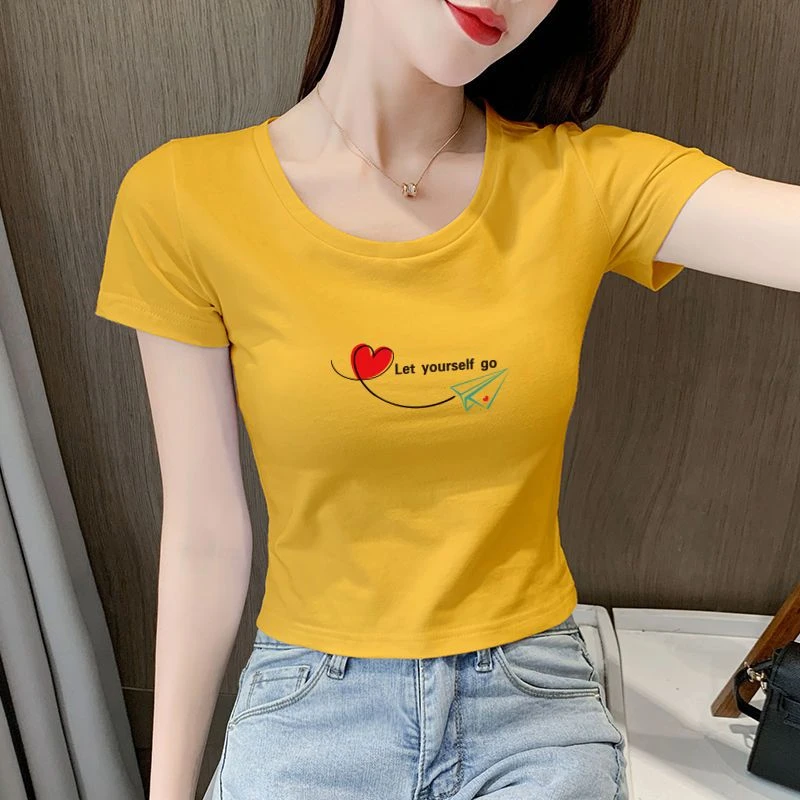 夏季新款短袖高腰T恤女短款露脐上衣修身显瘦时尚印花打底T恤衫