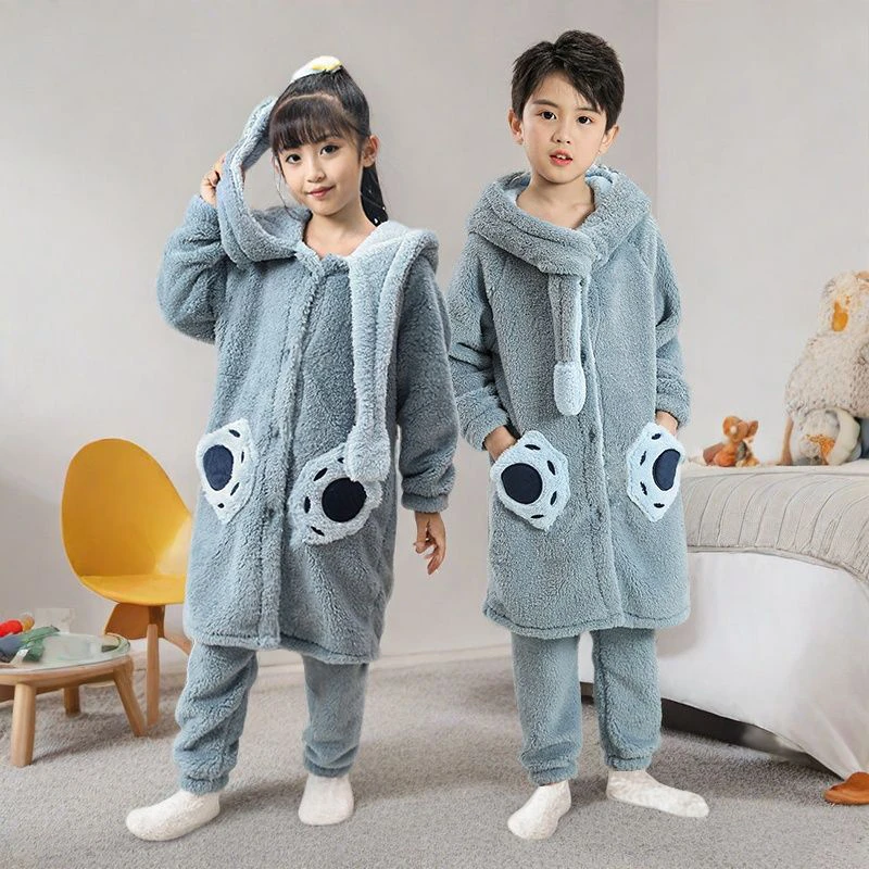 儿童睡衣男孩珊瑚绒女童秋冬季款史迪仔2025新款外穿睡袍加厚加绒