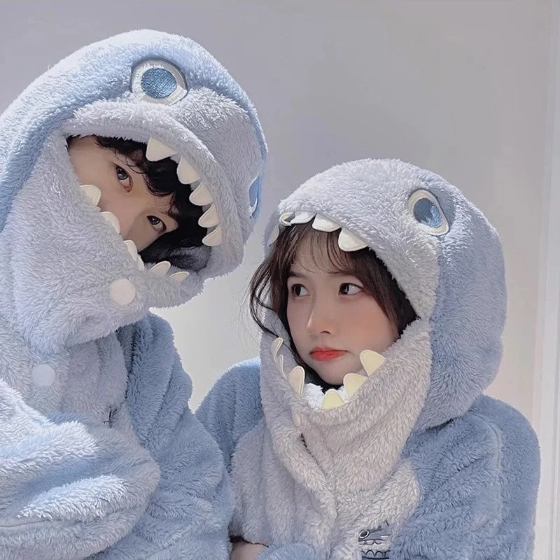 小鲨鱼珊瑚绒睡衣女款加绒加厚可爱秋冬季睡袍套装家居服冬天浴袍