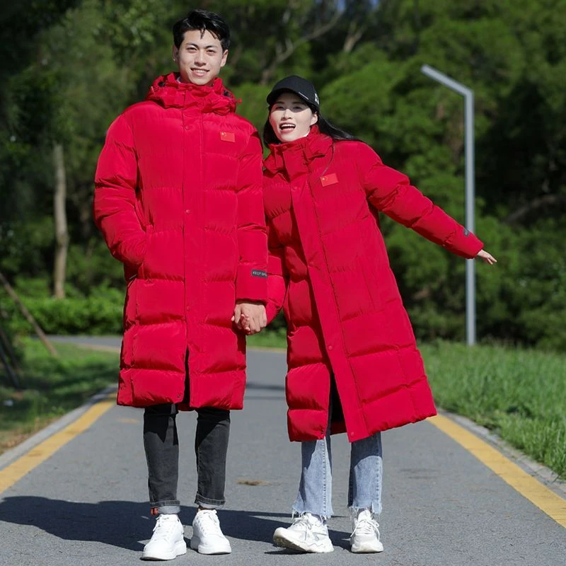 冬季运动员训练情侣男中长款加厚国家队体育生棉大衣保暖红色连帽