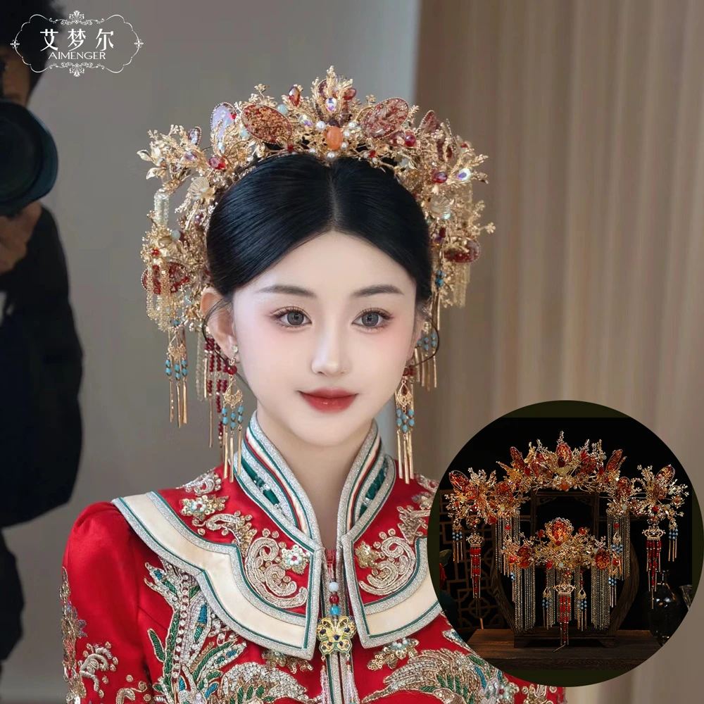 SE3014红色大气凤冠套装中式宫廷新娘流苏步摇化妆师造型百搭婚饰