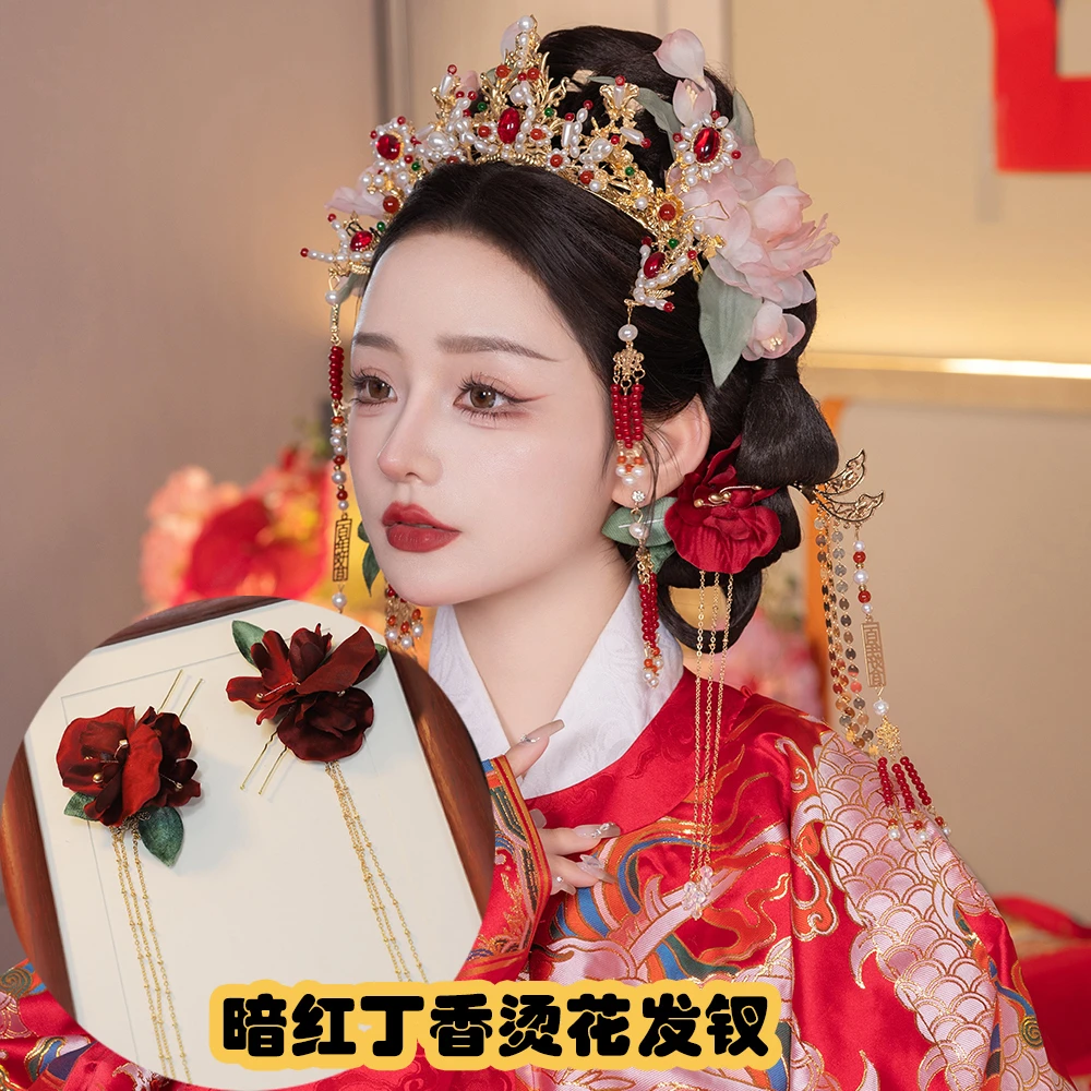 DC2013复古古风酒红色手工布艺花流苏小发钗步摇汉服新娘发饰盘发