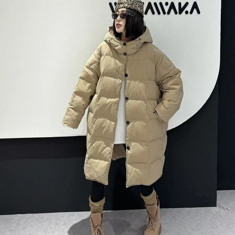 2025冬季新款欧洲站休闲时尚翻领百搭文艺长款羽绒服女