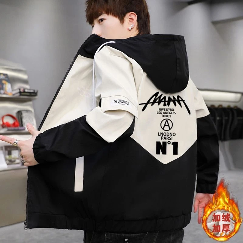 男士外套连帽新款韩版潮流加绒夹克青少年宽松加厚秋冬款上衣工装