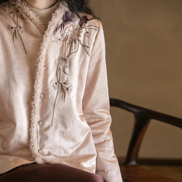 牧衣游原创 丝棉手工刺绣棉服外套女新款炒色文艺棉衣薄款 春山茂