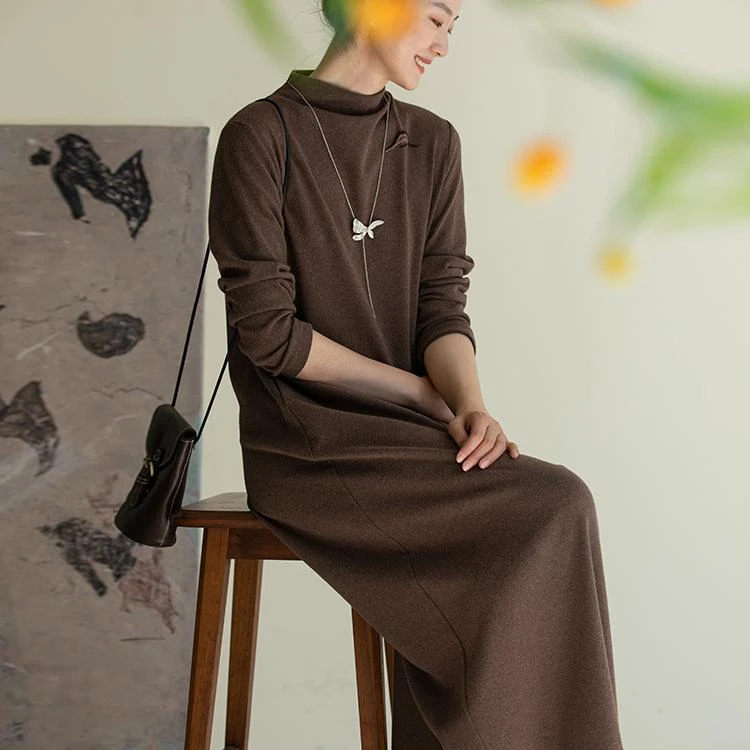 牧衣游原创 手工刺绣宽松连衣裙女新款软糯厚实简约休闲长裙 竹斋