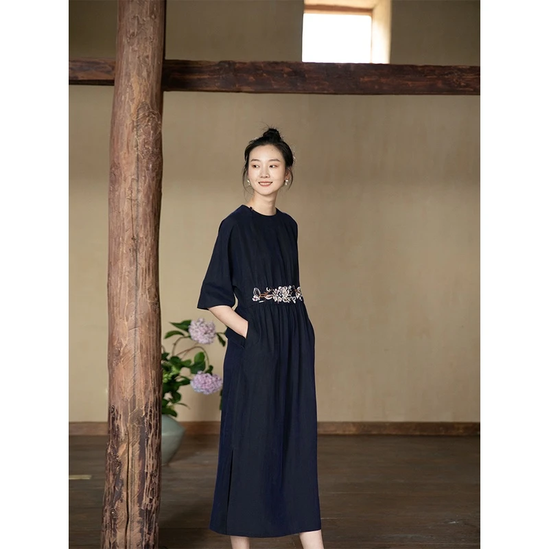 【国风香云纱】牧衣游原创顺德老料手工刺绣龟裂纹气质连衣裙 山色