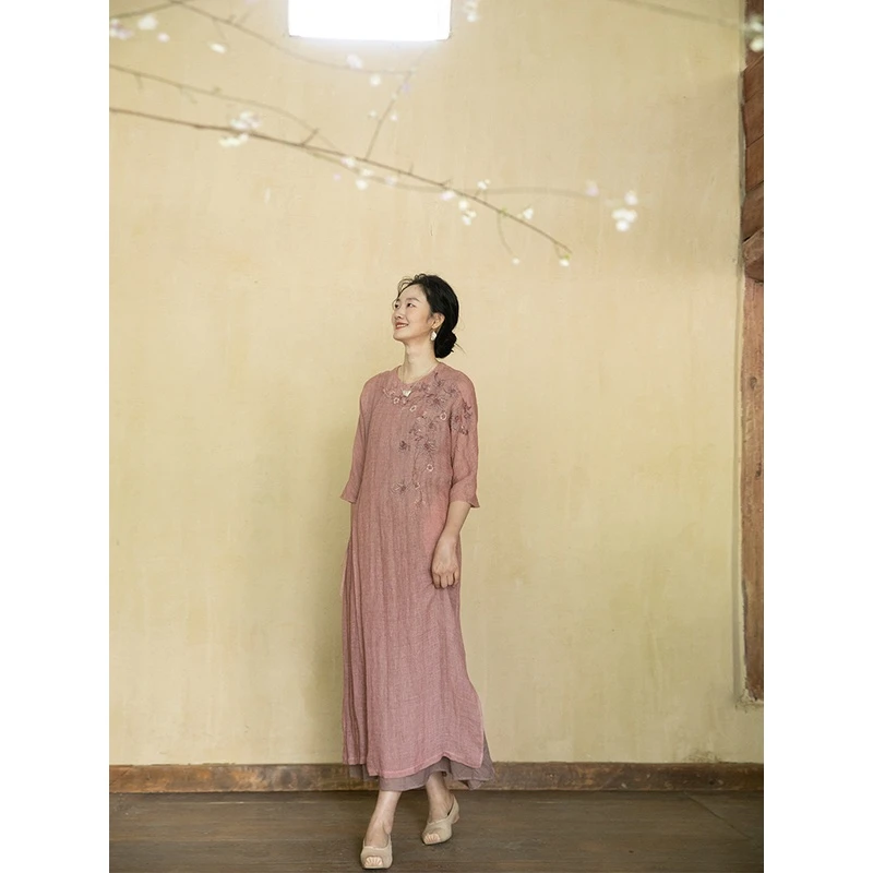 牧衣游原创手工刺绣炒色进口麻连衣裙新款禅意中式改良旗袍 空山