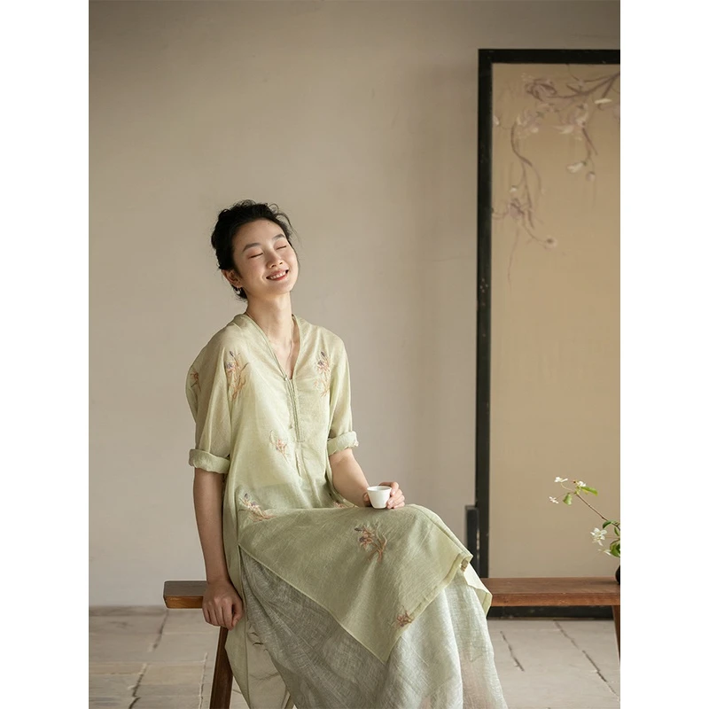 牧衣游原创「早春新品」丝棉刺绣衬衫素雅文艺宽松中长款上衣 寻墨
