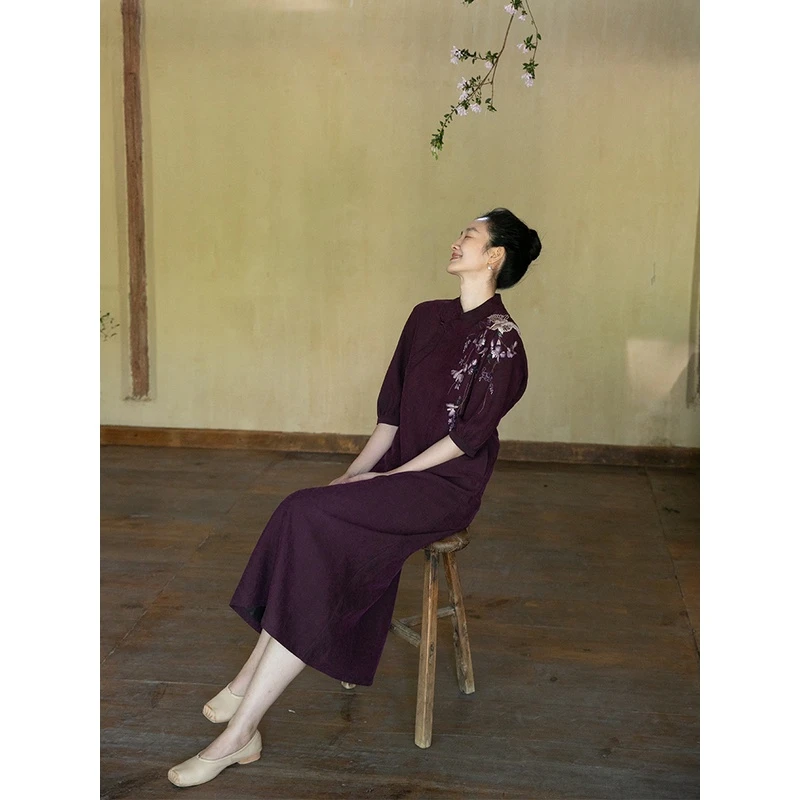 【国风香云纱】牧衣游原创顺德老料手工刺绣龟裂纹改良旗袍裙 流水