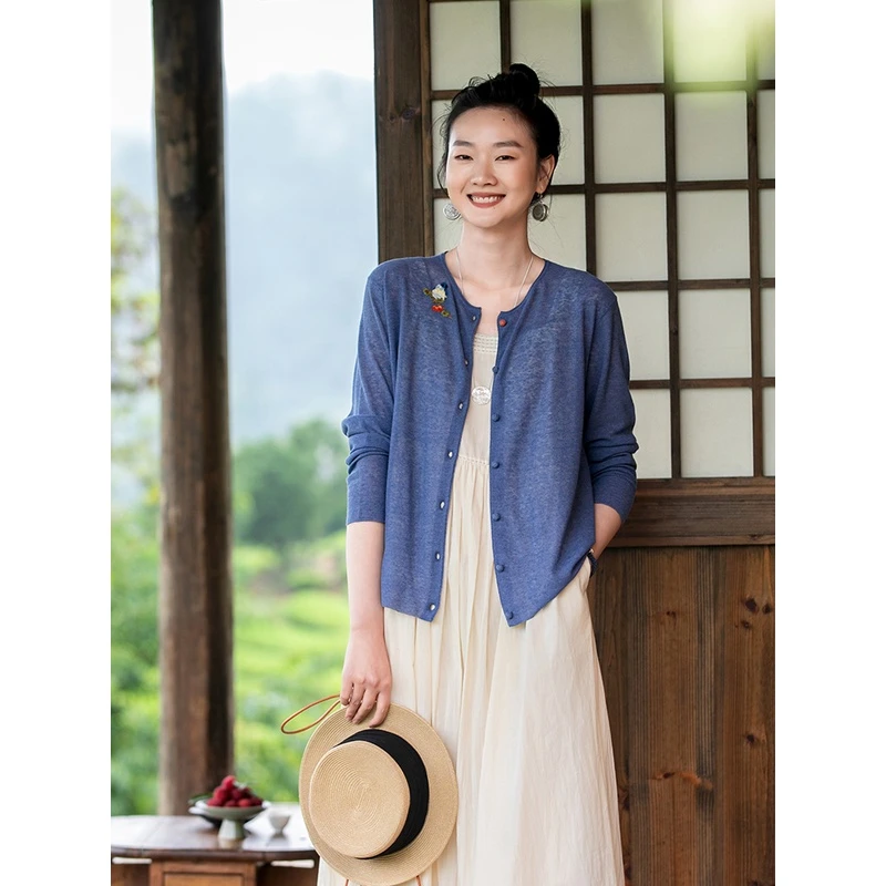 牧衣游 原创「早春新品」手绣棉麻混纺文艺轻薄针织衫 青枝