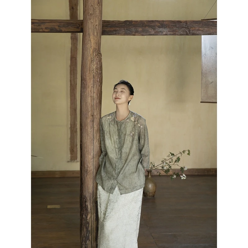 牧衣游原创 斑驳炒色丝棉手工刺绣衬衫新款质朴禅意复古上衣 落梅