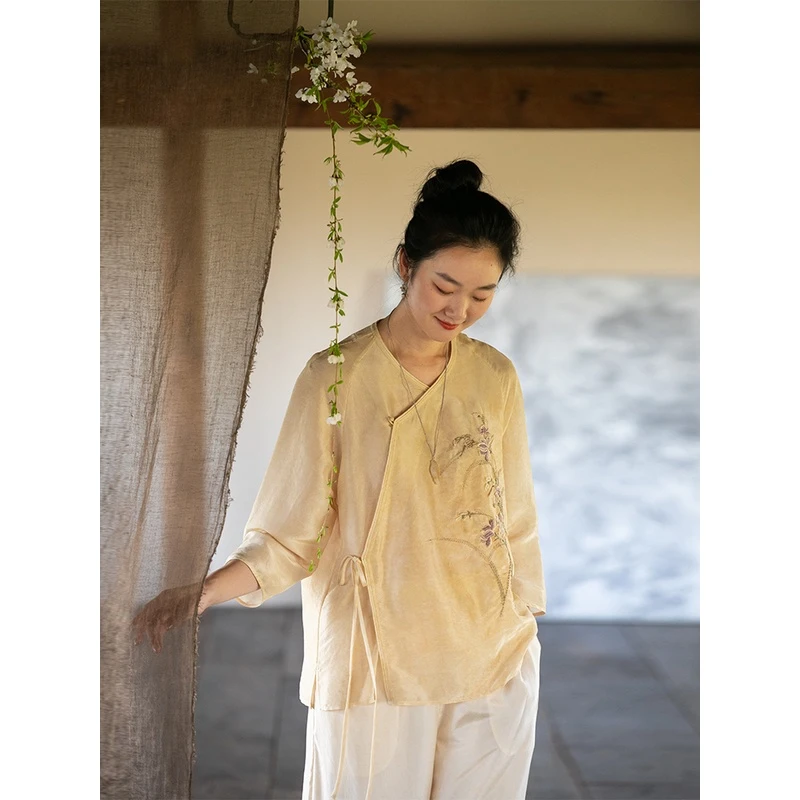牧衣游原创 手工刺绣炒色真丝衬衫女轻薄桑蚕丝复古茶服上衣 晴窗