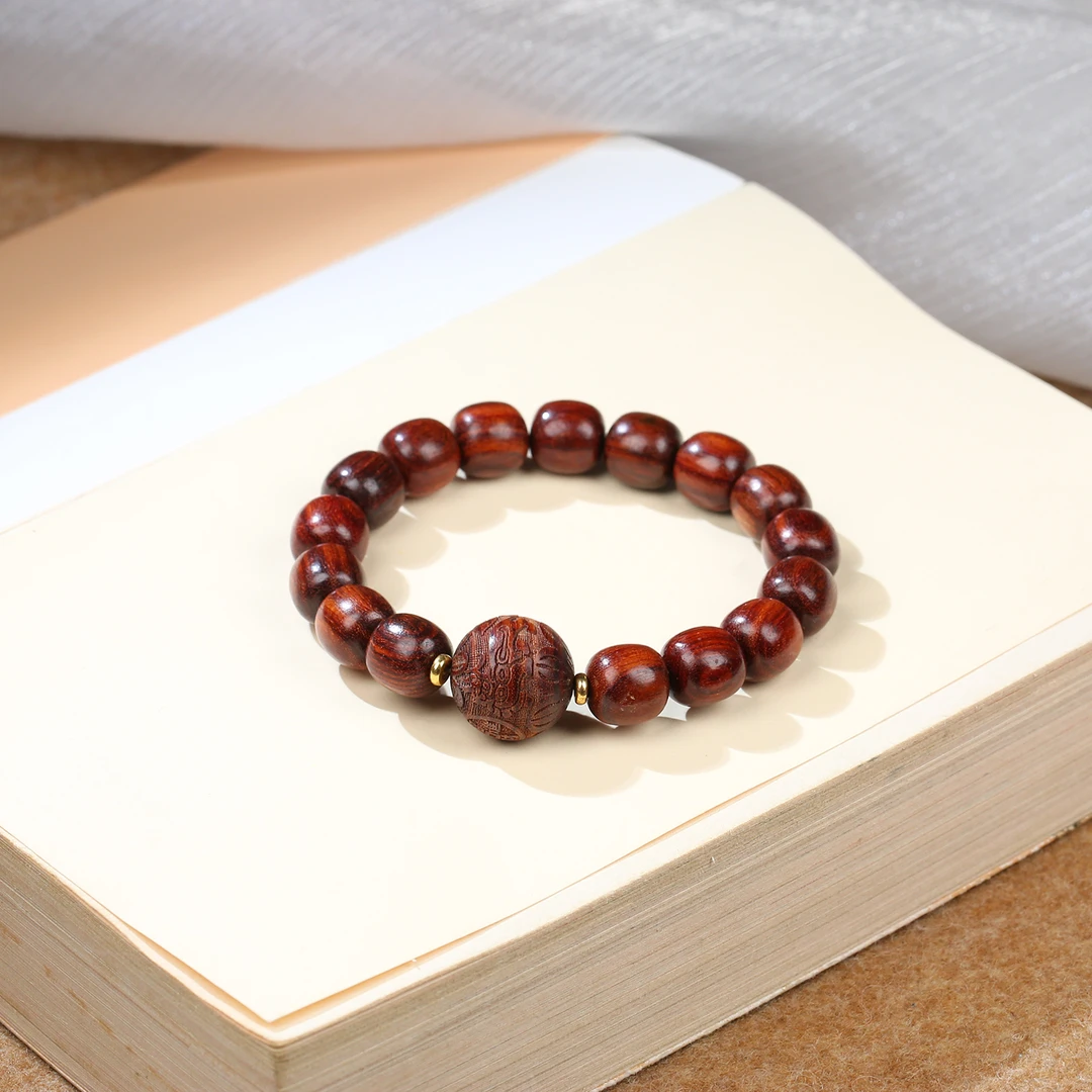 【麦子家族】红檀手串带雕工百搭经典礼盒MZ076