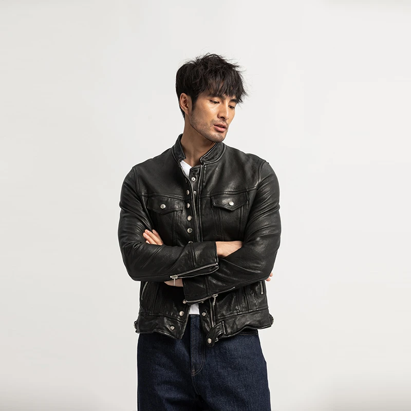 SHOW LOUIS 牛仔机车真皮皮衣男士夹克重工植鞣羊皮头层外套短款