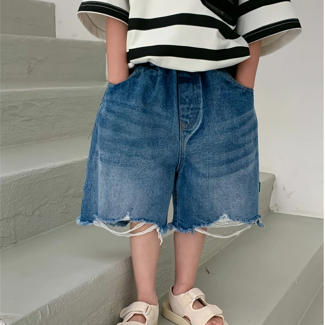 夏季新款日系男童牛仔做旧流苏中裤HBL8018