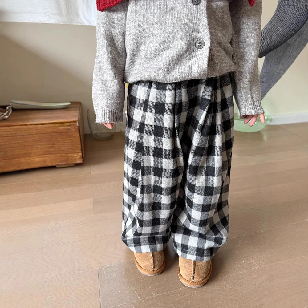 儿童磨毛黑白格子加绒长裤24872