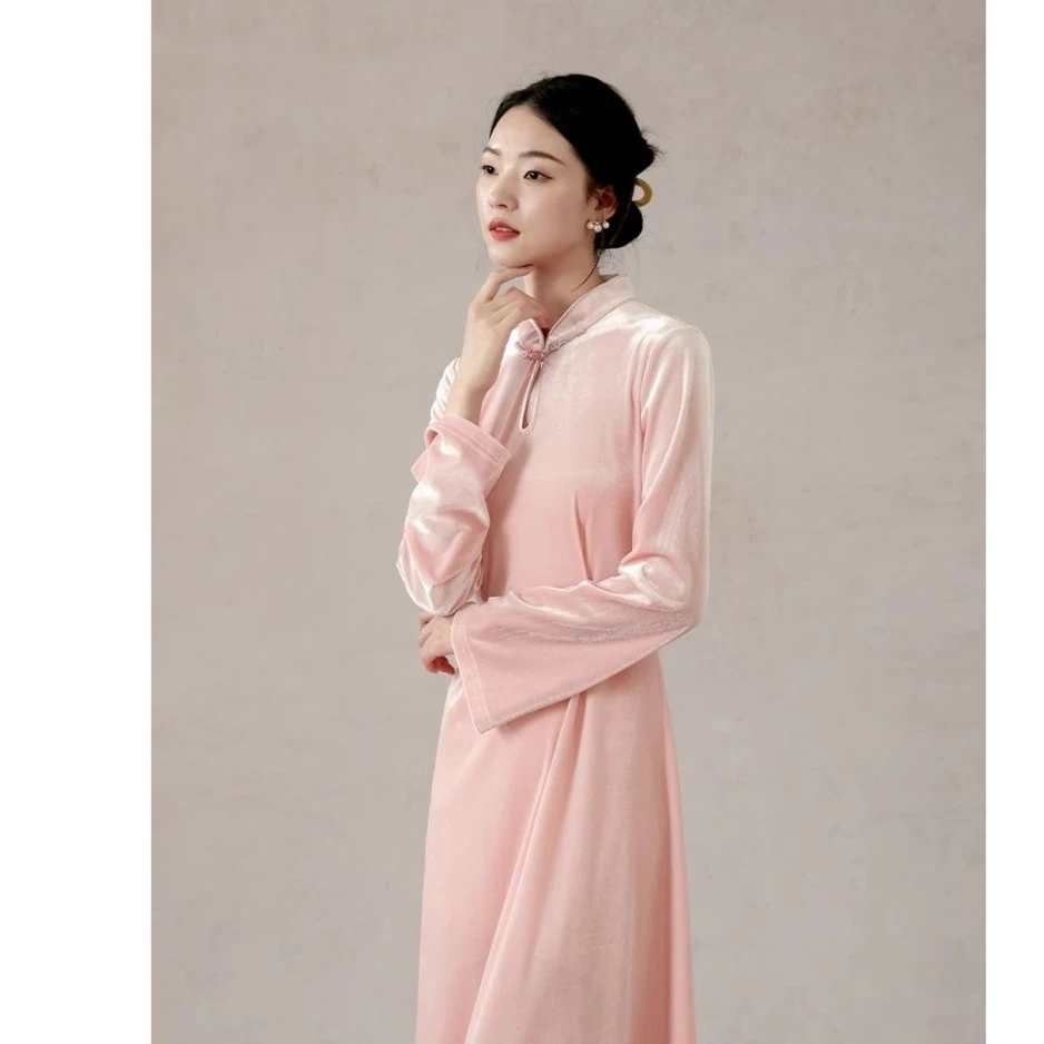 SHIBAI拾白新中式连衣裙秋冬高端进口丝绒粉色改良旗袍减龄SU4223