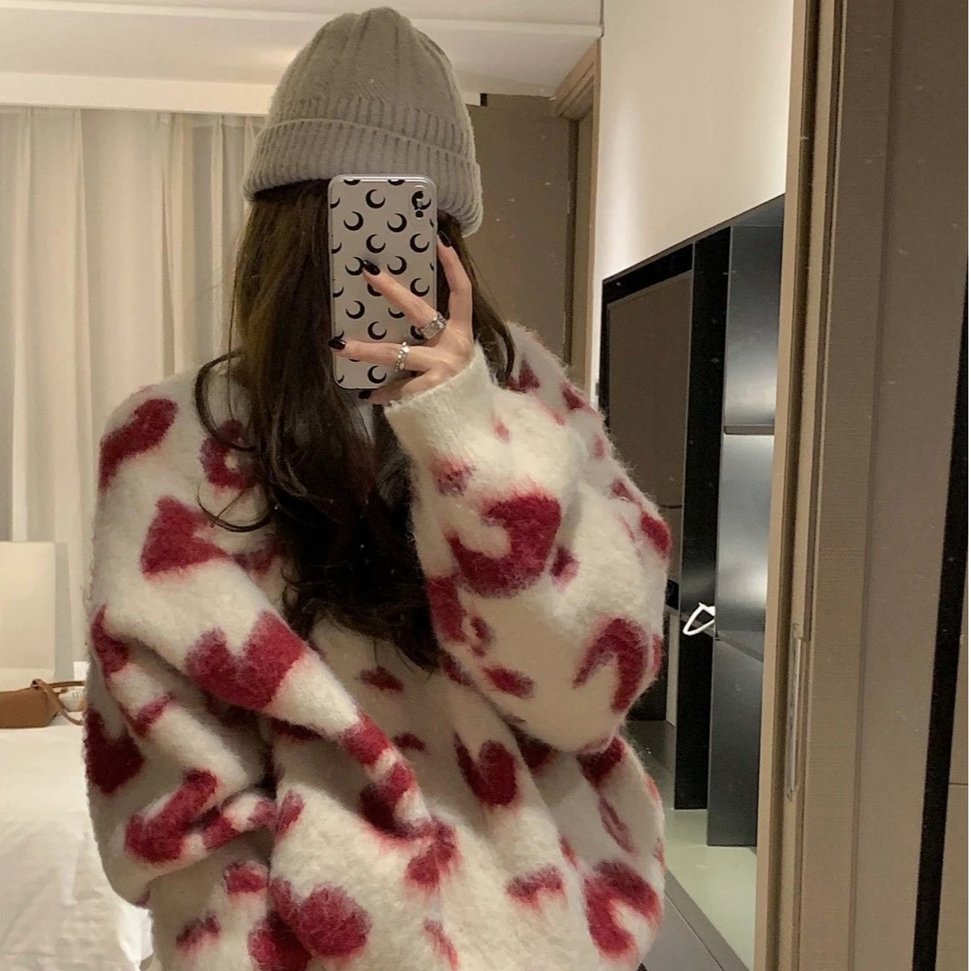 港风复古长袖圆领毛衣女外套慵懒风针织衫上衣宽松ins