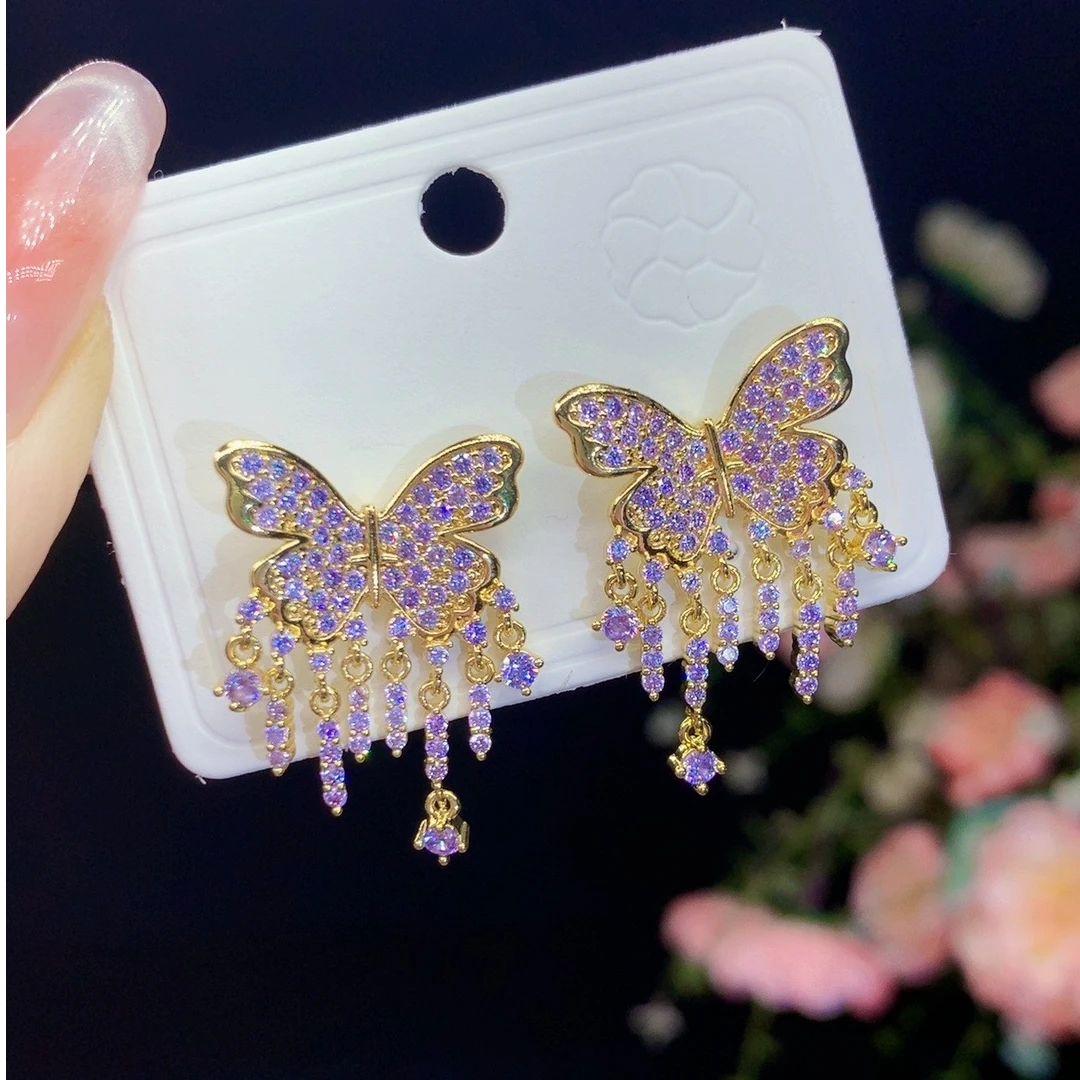 铜合金耳饰 1134满锆蝴蝶流苏耳环女高级感气质轻奢时尚百搭耳饰