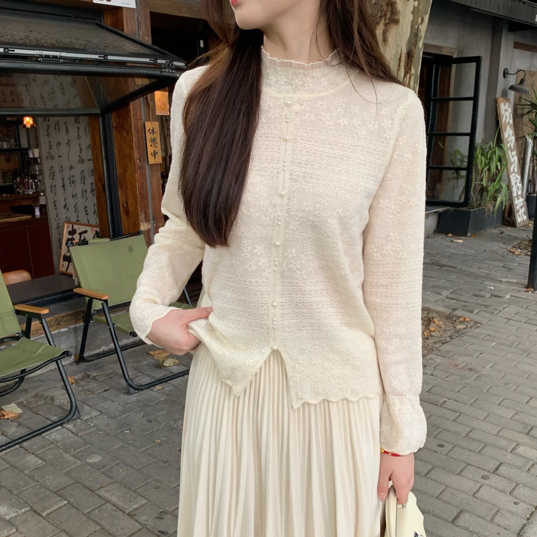 Candy Cloud朦胧美 高端含毛羊钩花打底衫半高领蕾丝衫DDS343/5